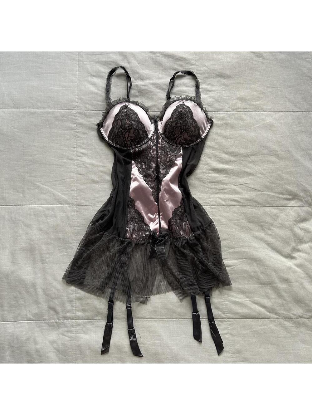 Grey Pink Lace Satin Lingerie Slip Dress Garter Straps Size Medium